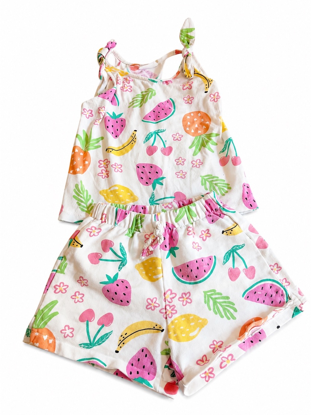 Zara White Fruit Print Girls Matching Tank & Shorts Set - Pink, Yellow, Green